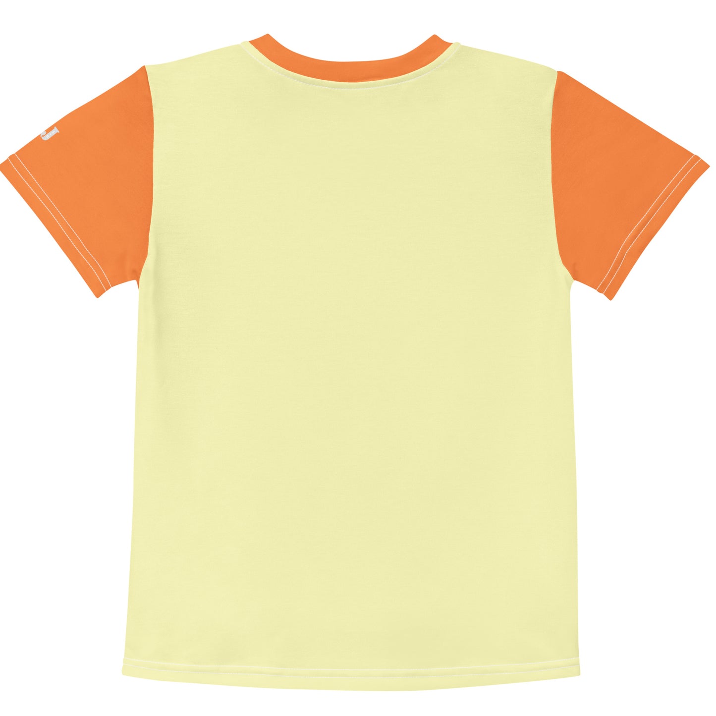 Gelbes Kinder T-Shirt mit orangefarbenen Ärmeln und dem Aufdruck eines niedlichen, bunten Papageien mit großen Augen und Herz-Halskette, umgeben von kleinen Blumen.