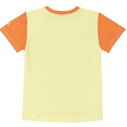 Gelbes Kinder T-Shirt mit orangefarbenen Ärmeln und dem Aufdruck eines niedlichen, bunten Papageien mit großen Augen und Herz-Halskette, umgeben von kleinen Blumen.