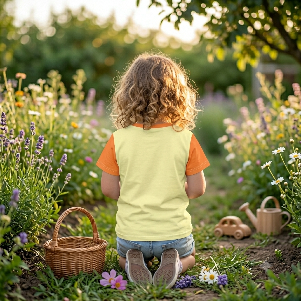 Gelbes Kinder T-Shirt mit orangefarbenen Ärmeln und dem Aufdruck eines niedlichen, bunten Papageien mit großen Augen und Herz-Halskette, umgeben von kleinen Blumen.