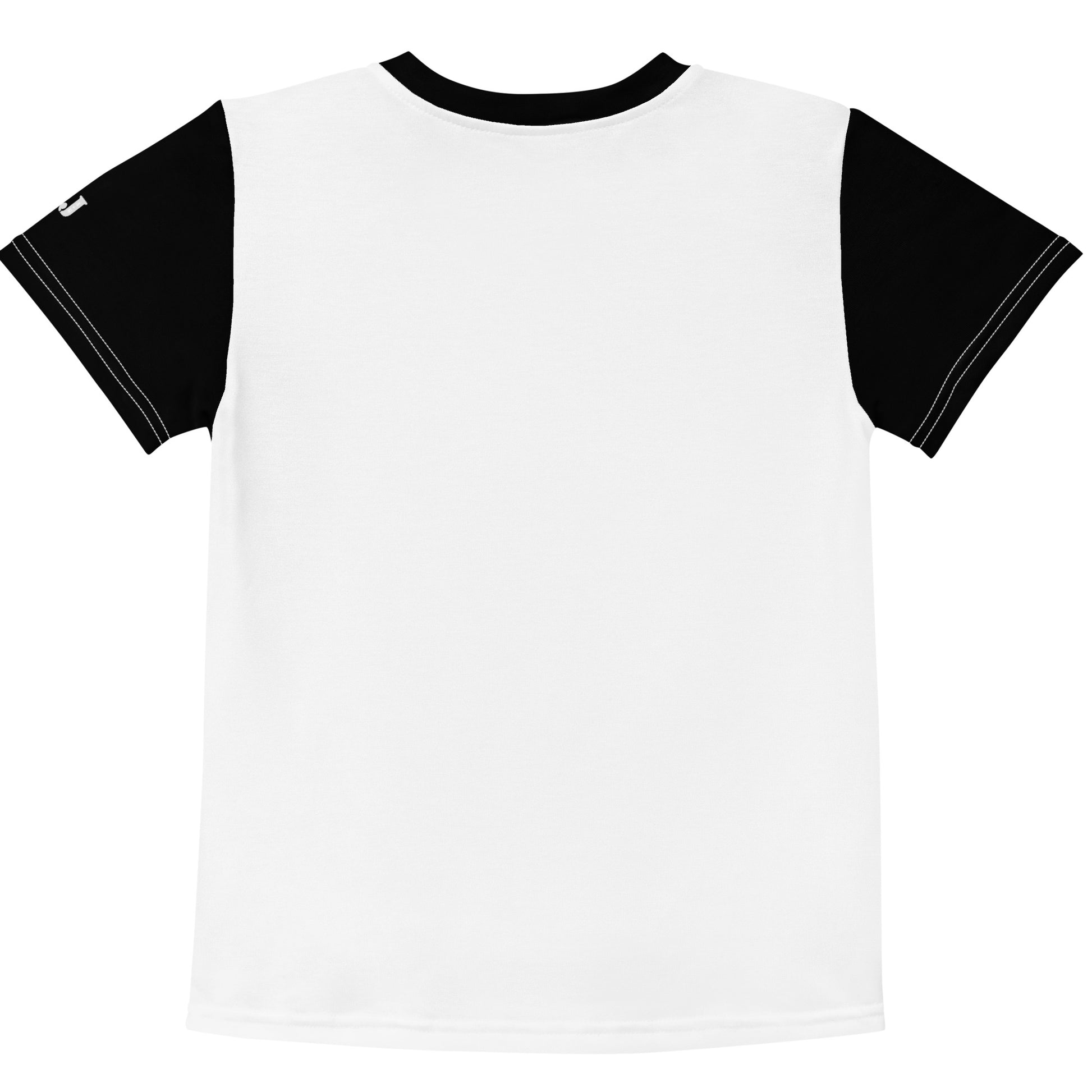 Weißes Kinder T-Shirt mit schwarzen Ärmeln und dem Aufdruck eines niedlichen Baby-Pinguins mit großen grünen Augen und Herz-Halskette in einem Lavendelfeld.