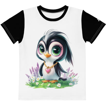 Weißes Kinder T-Shirt mit schwarzen Ärmeln und dem Aufdruck eines niedlichen Baby-Pinguins mit großen grünen Augen und Herz-Halskette in einem Lavendelfeld.