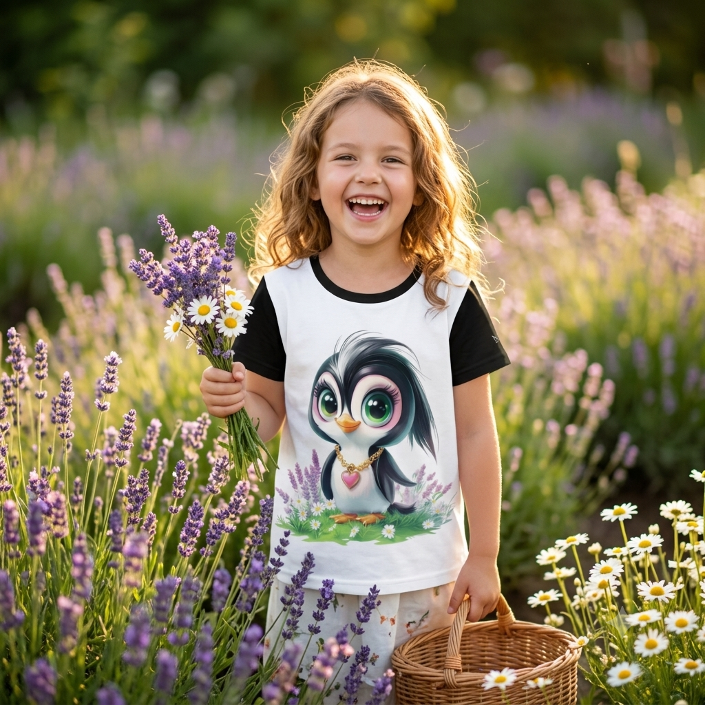 Weißes Kinder T-Shirt mit schwarzen Ärmeln und dem Aufdruck eines niedlichen Baby-Pinguins mit großen grünen Augen und Herz-Halskette in einem Lavendelfeld.