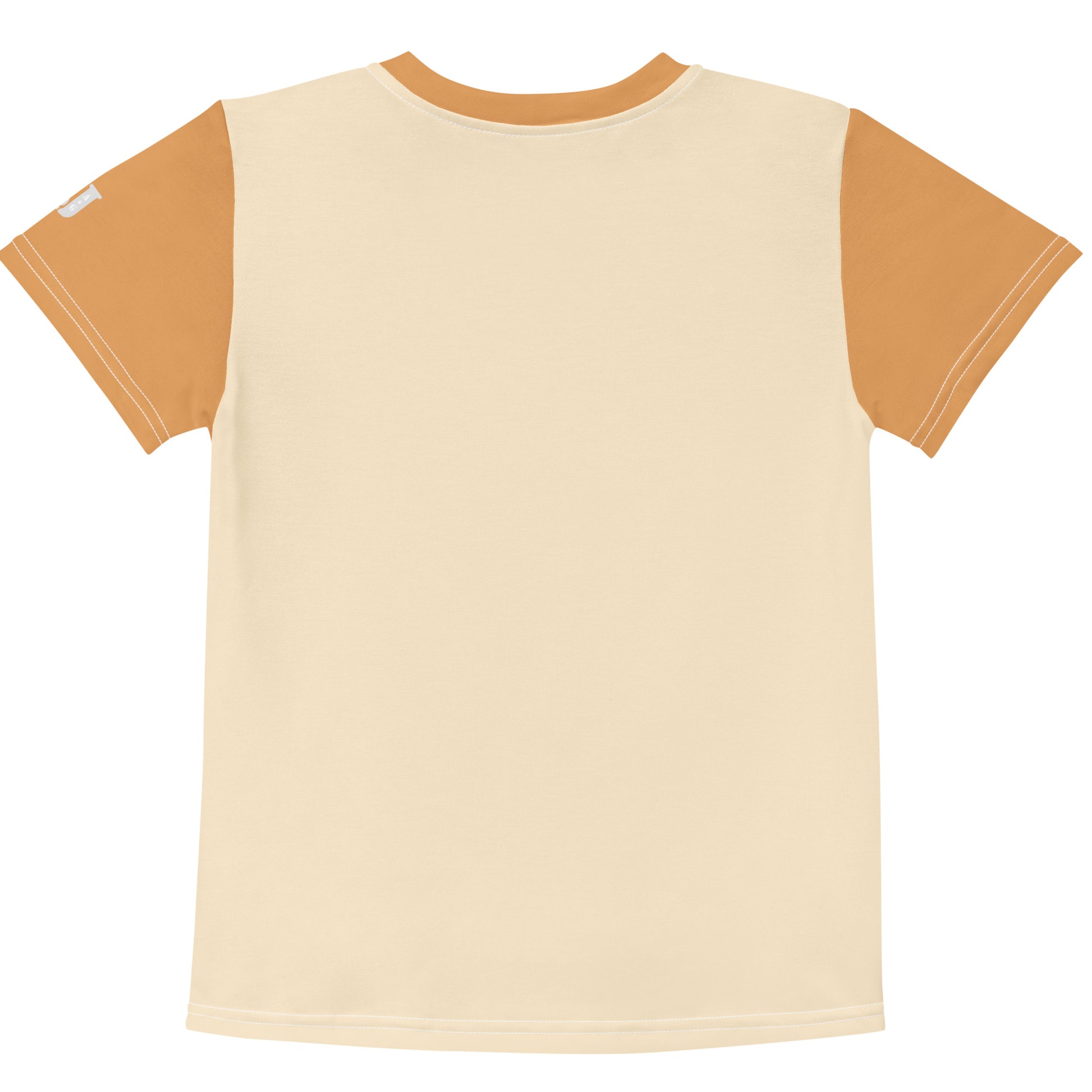 Sandgelbes Kinder T-Shirt mit orangen Ärmeln bedruckt mit Tiger Tigo mit grünen Augen und Herz-Halskette auf einer Blumenwiese.