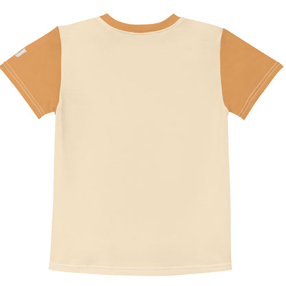 Sandgelbes Kinder T-Shirt mit orangen Ärmeln bedruckt mit Tiger Tigo mit grünen Augen und Herz-Halskette auf einer Blumenwiese.