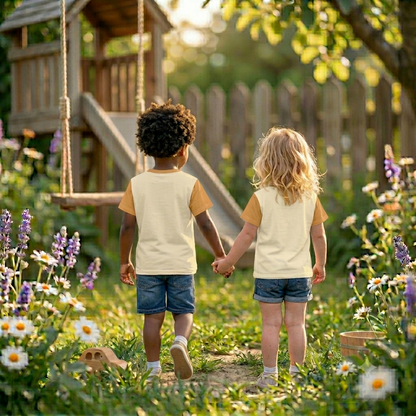 Sandgelbes Kinder T-Shirt mit orangen Ärmeln bedruckt mit Tiger Tigo mit grünen Augen und Herz-Halskette auf einer Blumenwiese.
