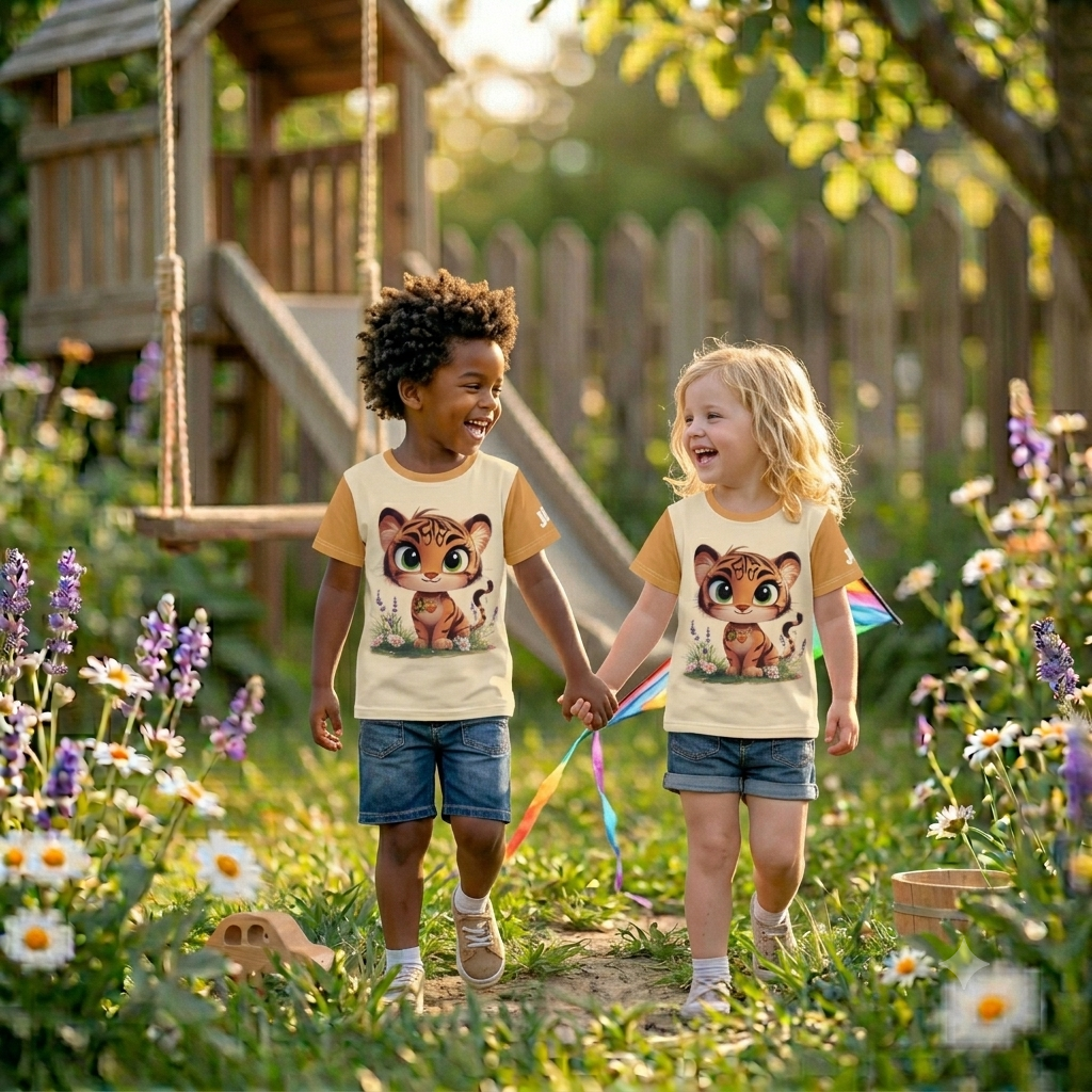 Sandgelbes Kinder T-Shirt mit orangen Ärmeln bedruckt mit Tiger Tigo mit grünen Augen und Herz-Halskette auf einer Blumenwiese.