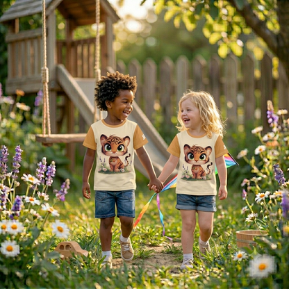 Sandgelbes Kinder T-Shirt mit orangen Ärmeln bedruckt mit Tiger Tigo mit grünen Augen und Herz-Halskette auf einer Blumenwiese.