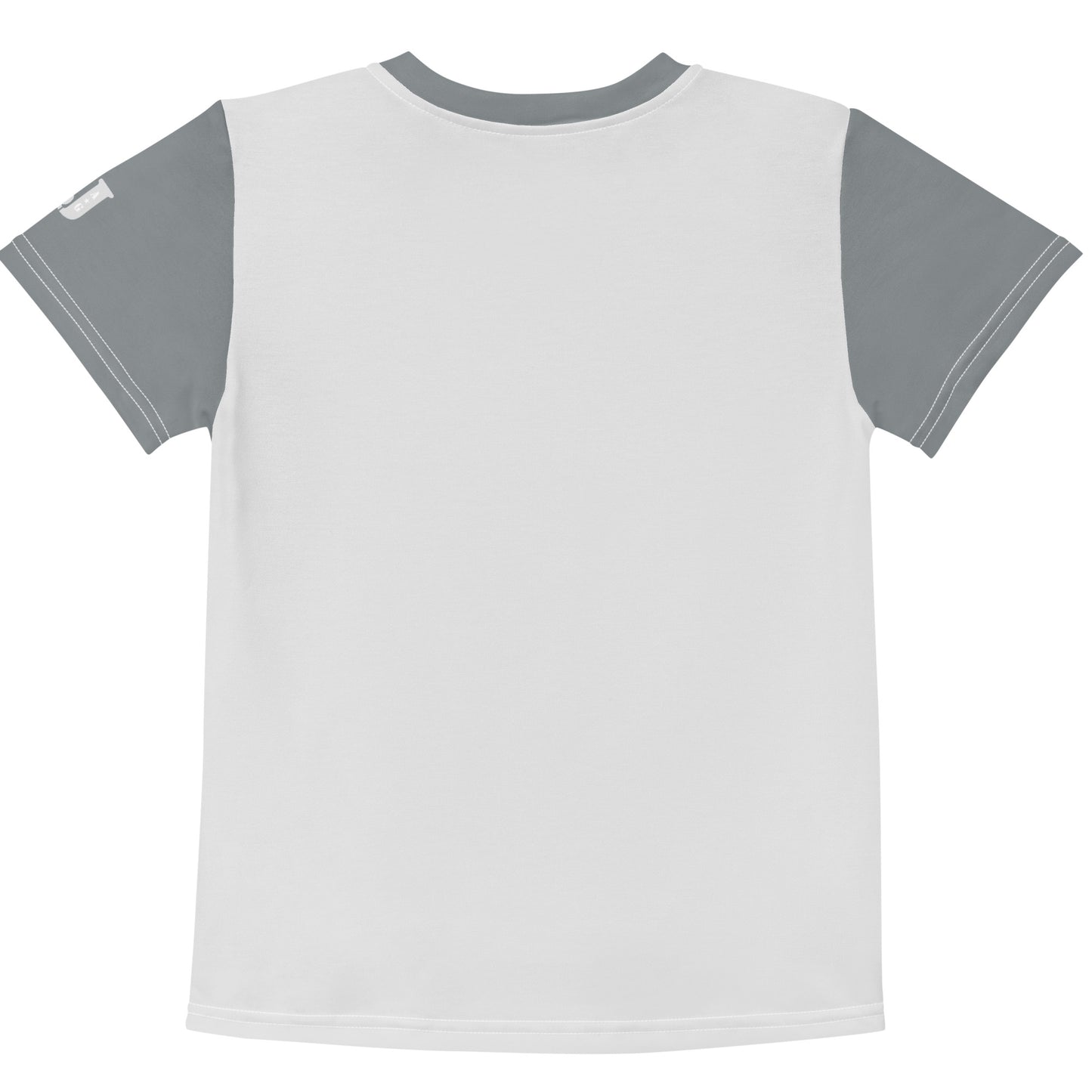 Hellgraues Kinder T-Shirt mit dunkel graue Ärmel und Kragensaum bedruckt mit Waschbär Ricky mit grünen Augen und Herz-Halskette auf einer Blumenwiese.