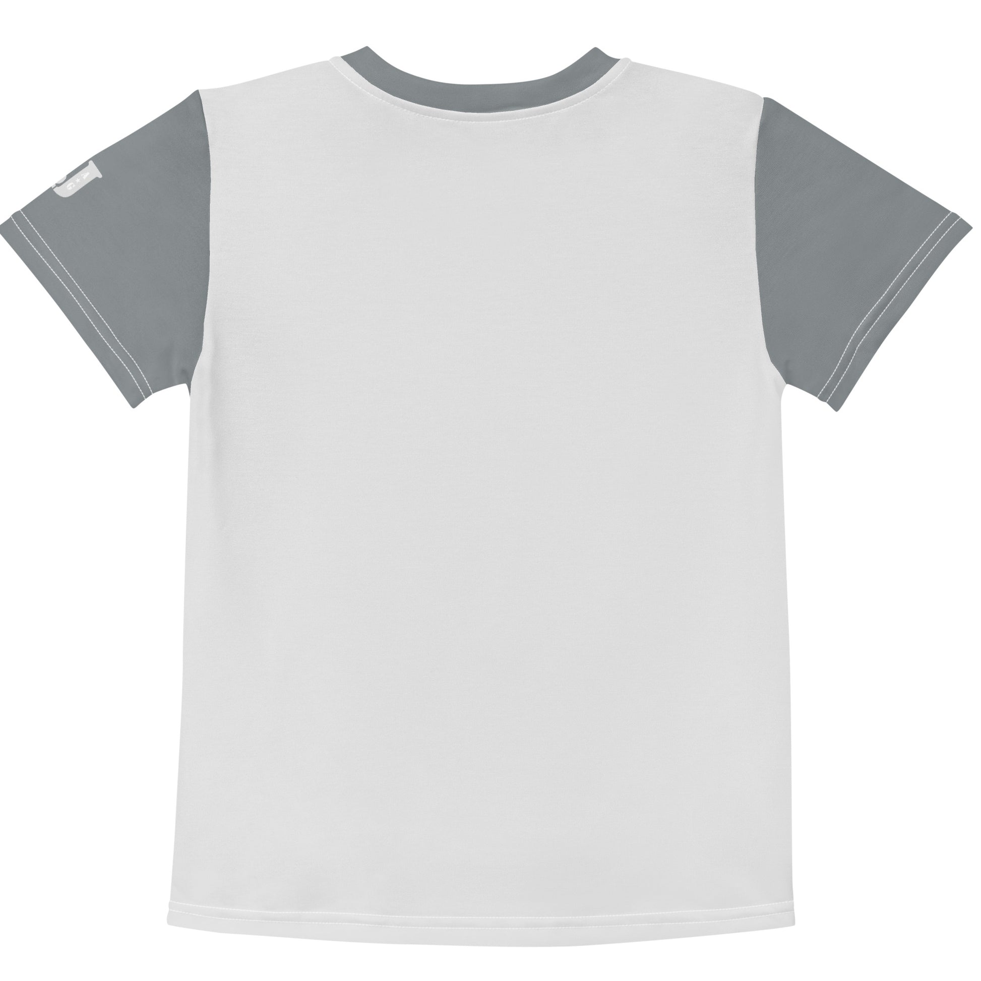 Hellgraues Kinder T-Shirt mit dunkel graue Ärmel und Kragensaum bedruckt mit Waschbär Ricky mit grünen Augen und Herz-Halskette auf einer Blumenwiese.