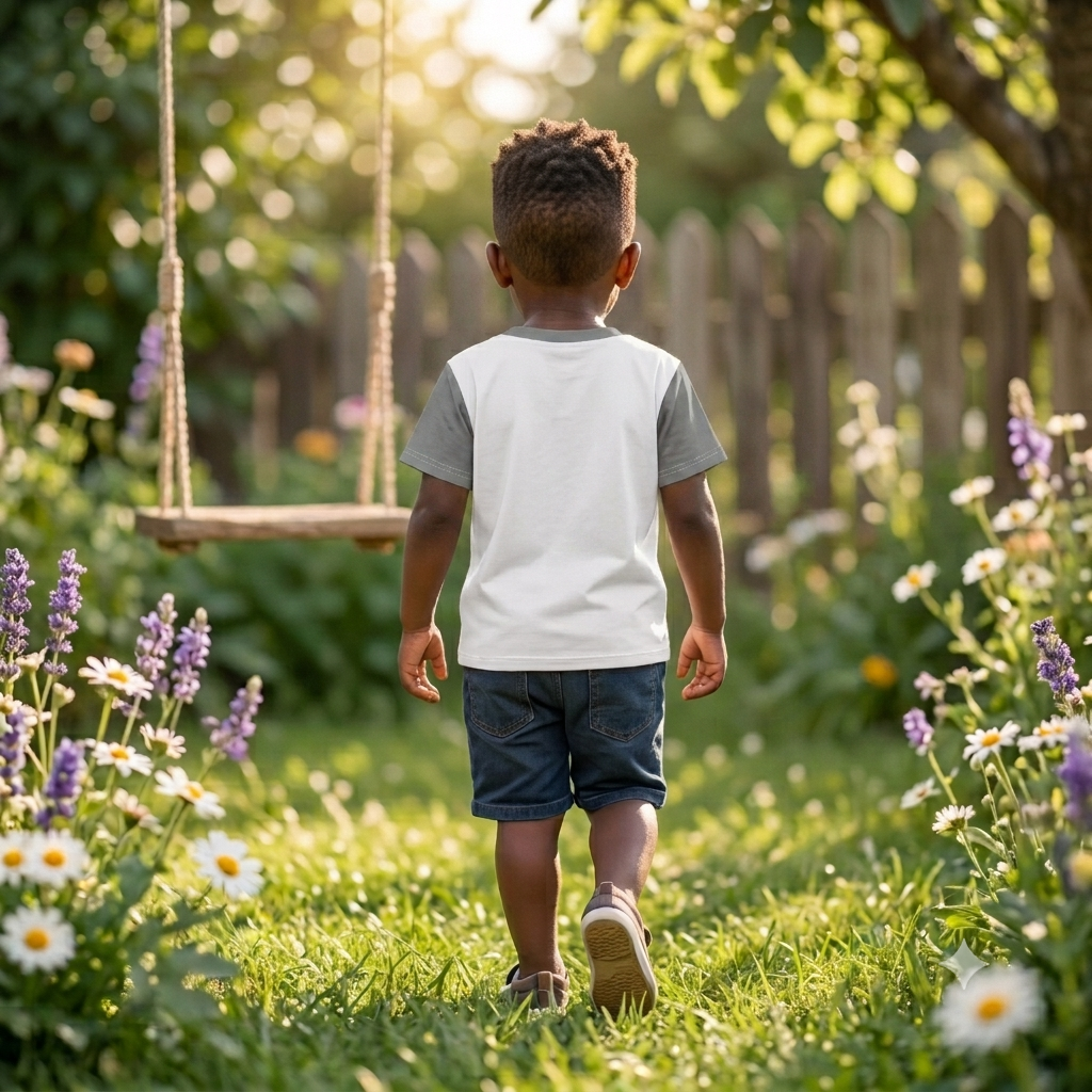 Hellgraues Kinder T-Shirt mit dunkel graue Ärmel und Kragensaum bedruckt mit Waschbär Ricky mit grünen Augen und Herz-Halskette auf einer Blumenwiese.