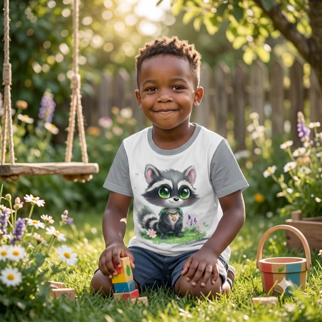 Hellgraues Kinder T-Shirt mit dunkel graue Ärmel und Kragensaum bedruckt mit Waschbär Ricky mit grünen Augen und Herz-Halskette auf einer Blumenwiese.