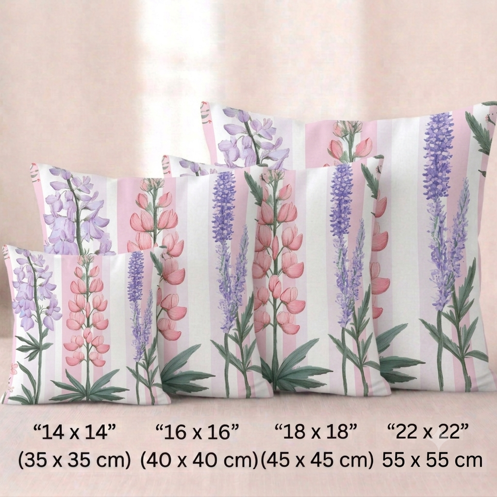 Vier quadratische Baumwoll - Kissenbezüge mit botanischem Lupinen-Muster vor einem hellen Hintergrund. Das Design zeigt vertikal wachsende, detailreiche Lupinenblüten in Rosa, Hellviolett und Dunkelblau mit sternförmigen grünen Blättern am Stielansatz. Der Hintergrund besteht aus gleichmäßigen, vertikalen Streifen in zartem Rosa und Weiß.