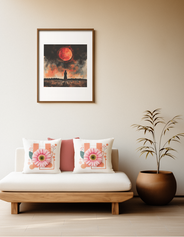 Dekorative weiße Kissenbezüge mit einer großen rosa Gerbera vor zwei orangefarbenen, vertikalen Balken, latziert auf einem Sofa im Japandi Stil.