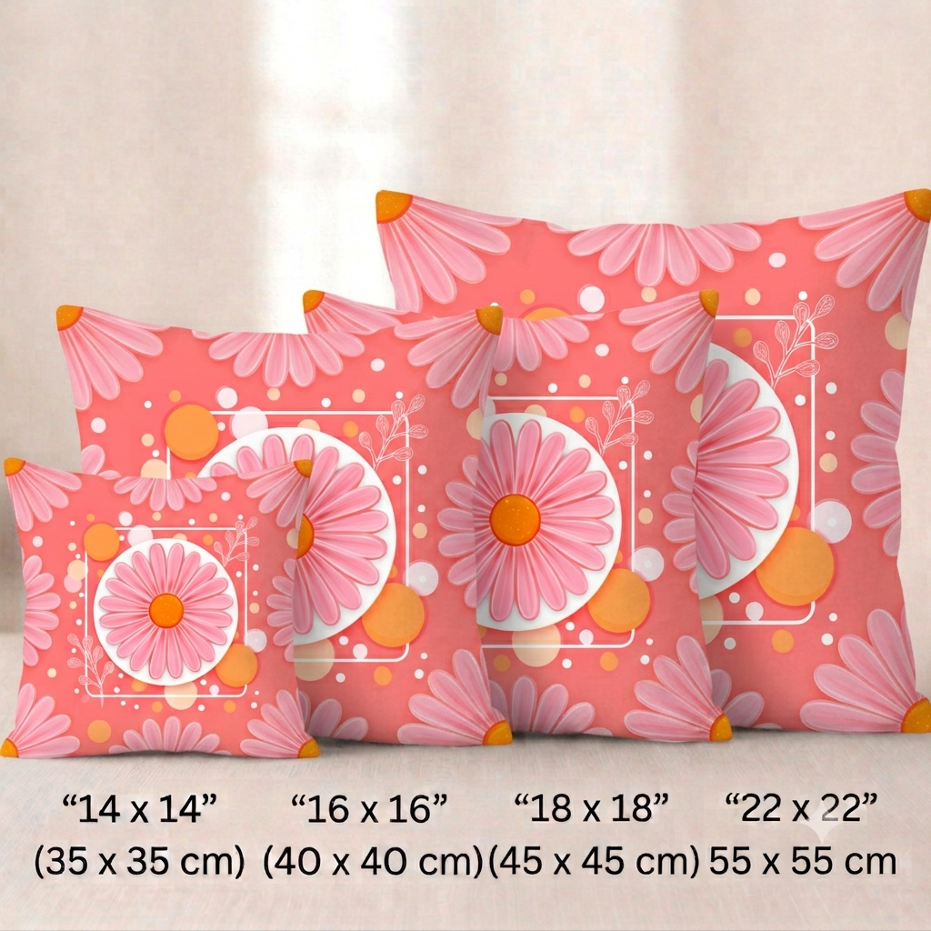 Vier quadratische Baumwoll-Kissenbezüge in kräftigem Korallenrot vor einem hellen Hintergrund. Das Design zeigt in der Mitte eine große, stilisierte rosa Blüte mit einer orangefarbenen Mitte, die auf einer weißen Kreisscheibe platziert ist. Die Blüte ist von einem weißen, quadratischen Rahmen umgeben, der mit feinen Linienzeichnungen von Zweigen, orangefarbenen Kreisen und kleinen weißen Punkten verziert ist.