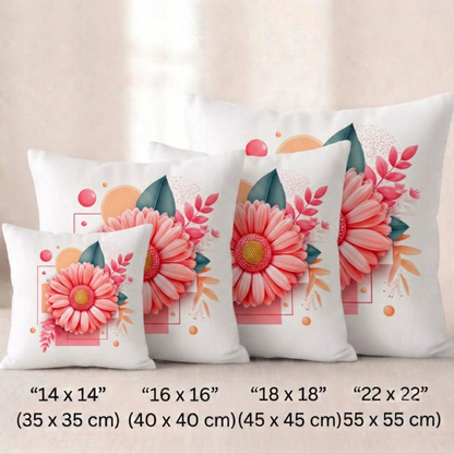 Vier quadratische Baumwoll - Kissenbezüge in Weiß vor einem hellen Hintergrund. Das Design zeigt im Zentrum eine große, detailreiche rosa Blüte (Gerbera) mit einem gelb-orangefarbenen, strukturierten Blütenkopf. Die Blüte ist eingebettet in eine Komposition aus rosa, korallen farbenen und dunkelgrünen Blätterzweigen sowie abstrakten geometrischen Formen wie rosa Quadraten, pfirsichfarbenen Kreisen und feinen Punkten.