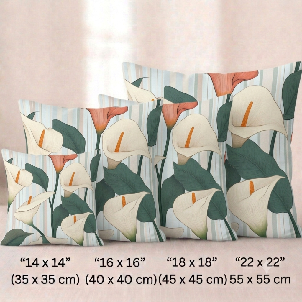 Vier quadratische Baumwoll Kissenbezüge mit Calla-Lilien-Muster vor einem hellen Hintergrund. Das Design zeigt große weiße und eine lachsrote Calla-Blüte mit markanten orangefarbenen Blütenkolben sowie dunkelgrünen Blättern. Der Hintergrund ist mit feinen, vertikalen Streifen in Hellblau, sanftem Rosa und Weiß gestaltet.