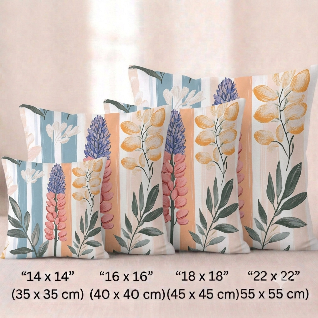 Vier quadratische Baumwoll -  Kissenbezüge mit einem floralen Lupinen-Muster vor einem hellen Hintergrund. Im Zentrum steht eine detailreiche Lupine mit rosa und blau-violetten Blüten, umgeben von Zweigen mit dunkelgrünen sowie gelb-orangefarbenen Blättern. Der Hintergrund ist mit vertikalen Aquarell-Streifen in Blau-Grau, softem Orange und Weiß gestaltet.