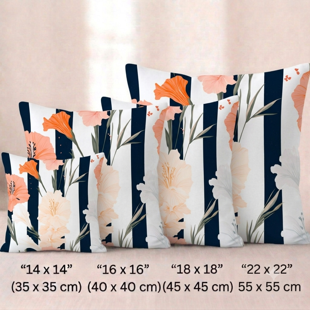 Vier quadratische  Baumwoll - Kissenbezüge mit modernem, floralem Muster vor einem hellen Hintergrund. Das Design zeigt große, elegante Blüten in Pfirsich, leuchtendem Orange und Cremeweiß sowie schmale grüne Blätter. Der Hintergrund besteht aus kontrastreichen, vertikalen Streifen in Schwarz und Weiß.