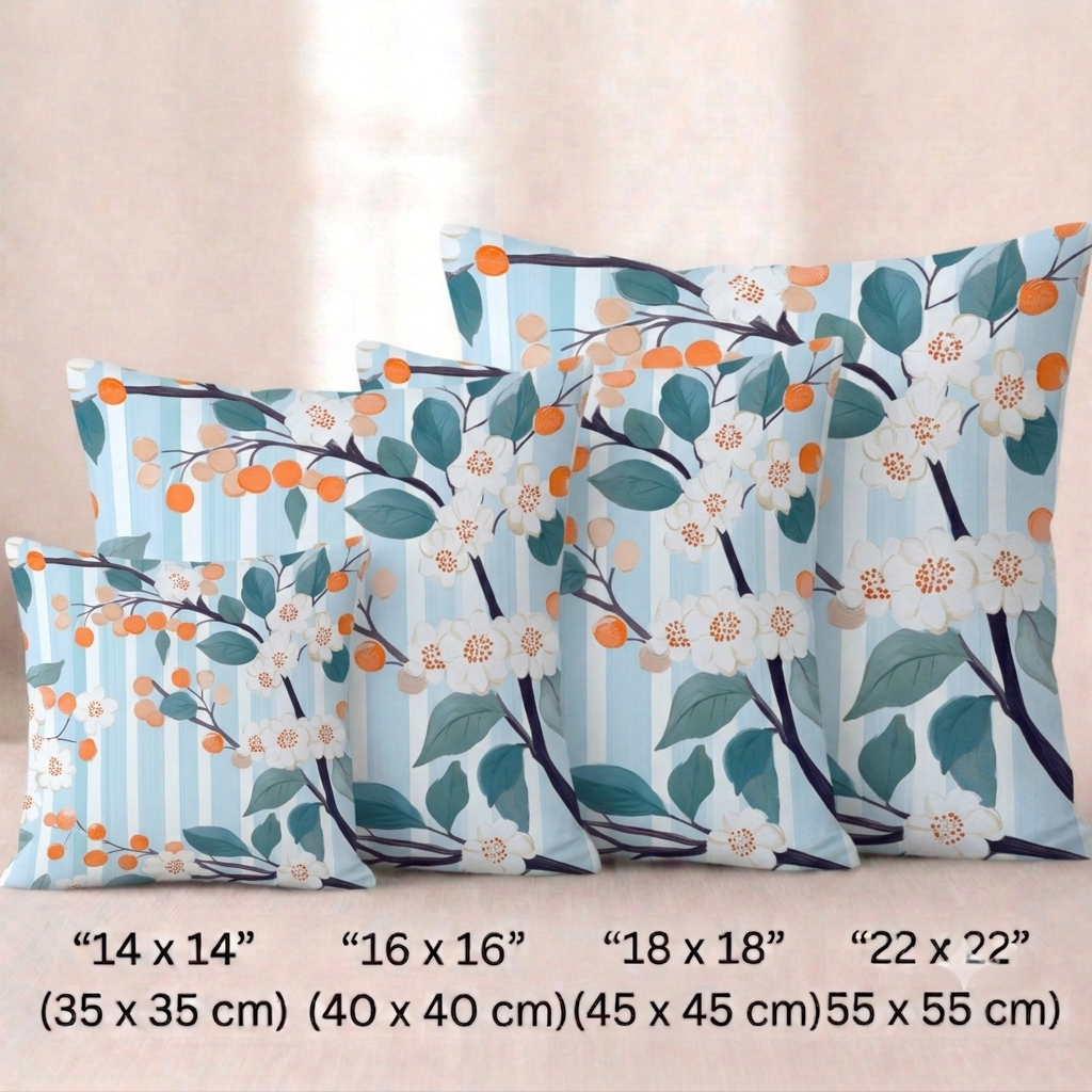 Vier quadratische Baumwoll -  Kissenbezüge mit Orangenblüten-Muster vor einem hellen Hintergrund. Das Design zeigt dunkle Zweige mit kleinen weißen Orangenblüten, graublauen Blättern und runden, orangefarbenen Früchten. Der Hintergrund besteht aus feinen, vertikalen Streifen in Hellblau und Weiß mit einer leichten Textur.