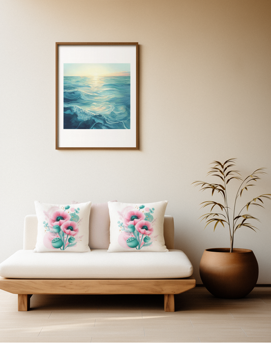 Dekorative Kissenbezüge mit zwei großen rosa Mohnblüten und türkisen Kapseln auf hellem Hintergrund, platziert auf einem Sofa im Japandi Stil.