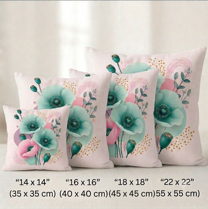Vier quadratische Kissenbezüge in unterschiedlichen Größen mit modernem Mohnblumen-Design vor hellem Hintergrund. Das Motiv zeigt eine Komposition aus zwei großen türkisfarbenen und einer rosa Mohnblüte im Vordergrund, ergänzt durch grüne Kapseln, goldene Glitzerpunkte, feine rosa Linienbögen und abstrakte, sanft violette und türkise Farbflächen auf hellem Grund.
