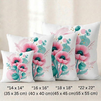 Vier quadratische Kissenbezüge mit modernem Mohnblumen-Design vor hellem Hintergrund. Das Motiv zeigt eine Illustration aus zwei großen, leuchtend rosa Mohnblüten mit dunklem Blütenzentrum, umgeben von türkisfarbenen Samenkapseln und Eukalyptuszweigen. Der cremefarbene Hintergrund ist mit sanften rosa Kreisen, feinen Linienbögen und kleinen goldenen Punkten verziert.