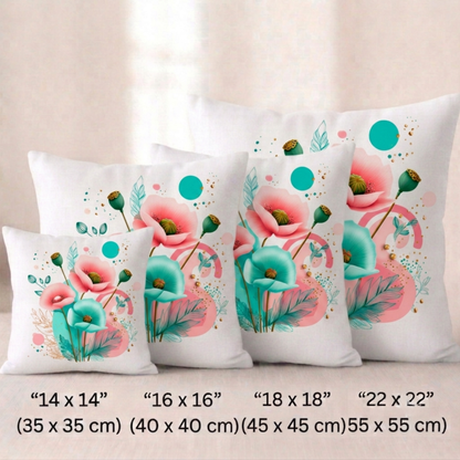 Vier quadratische Baumwoll-Kissenbezüge mit modernem Mohnblumen-Muster vor einem hellen Hintergrund. Das Design zeigt ein kunstvolles Arrangement aus rosa und türkisfarbenen Mohnblüten, grünen Kapseln, feinen goldenen Blätter-Linienzeichnungen und abstrakten Kreisen in Türkis und Rosa auf cremefarbenem Grund.