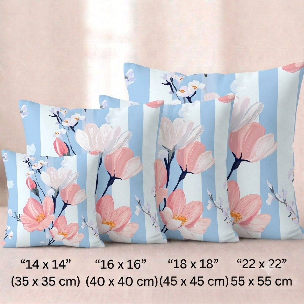 Vier quadratische Baumwoll -Kissenbezüge mit Magnolien-Muster vor einem hellen Hintergrund. Das Design zeigt Zweige mit großen rosa und weißen Magnolienblüten sowie kleine, zarte weiße Blütenknospen. Der Hintergrund besteht aus breiten, vertikalen Streifen in Hellblau mit einer feinen Holz- oder Aquarelltextur und Weiß.