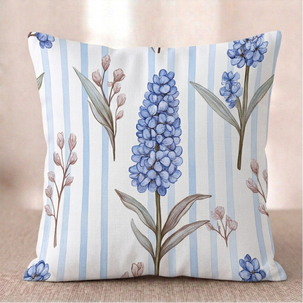 Ein quadratischer Baumwoll - Kissen-bezug mit botanischem Muster vor einem hellen Hintergrund. Das Design zeigt vertikale, blaue Traubenhyazinthen mit grünlich-braunen Blättern und zarte, bräunliche Knospenzweige. Der Hintergrund besteht aus feinen, vertikal verlaufenden hellblau