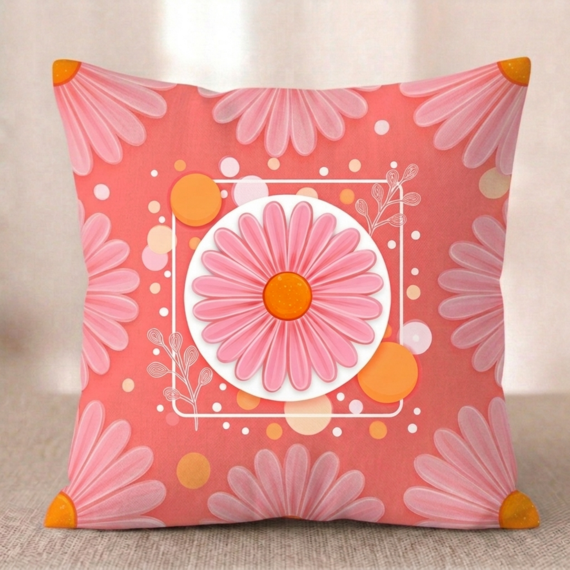Ein quadratischer Baumwoll Kissenbezug in kräftigem Korallenrot vor einem hellen Hintergrund. Das Design zeigt in der Mitte eine große, stilisierte rosa Blüte mit einer orangefarbenen Mitte, die auf einer weißen Kreisscheibe platziert ist. Die Blüte ist von einem weißen, quadratischen Rahmen umgeben, der mit feinen Linienzeichnungen von Zweigen, orangefarbenen Kreisen und kleinen weißen Punkten verziert ist.
