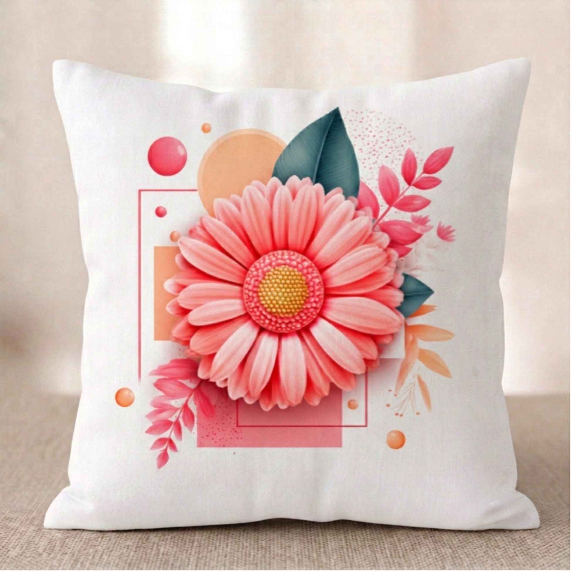 Ein quadratischer Baumwoll-Kissenbezug in Weiß vor einem hellen Hintergrund. Das Design zeigt im Zentrum eine große, detailreiche rosa Blüte (Gerbera) mit einem gelb-orangefarbenen, strukturierten Blütenkopf. Die Blüte ist eingebettet in eine Komposition aus rosa, korallenfarbenen und dunkelgrünen Blätterzweigen sowie abstrakten geometrischen Formen wie rosa Quadraten, pfirsichfarbenen Kreisen und feinen Punkten.