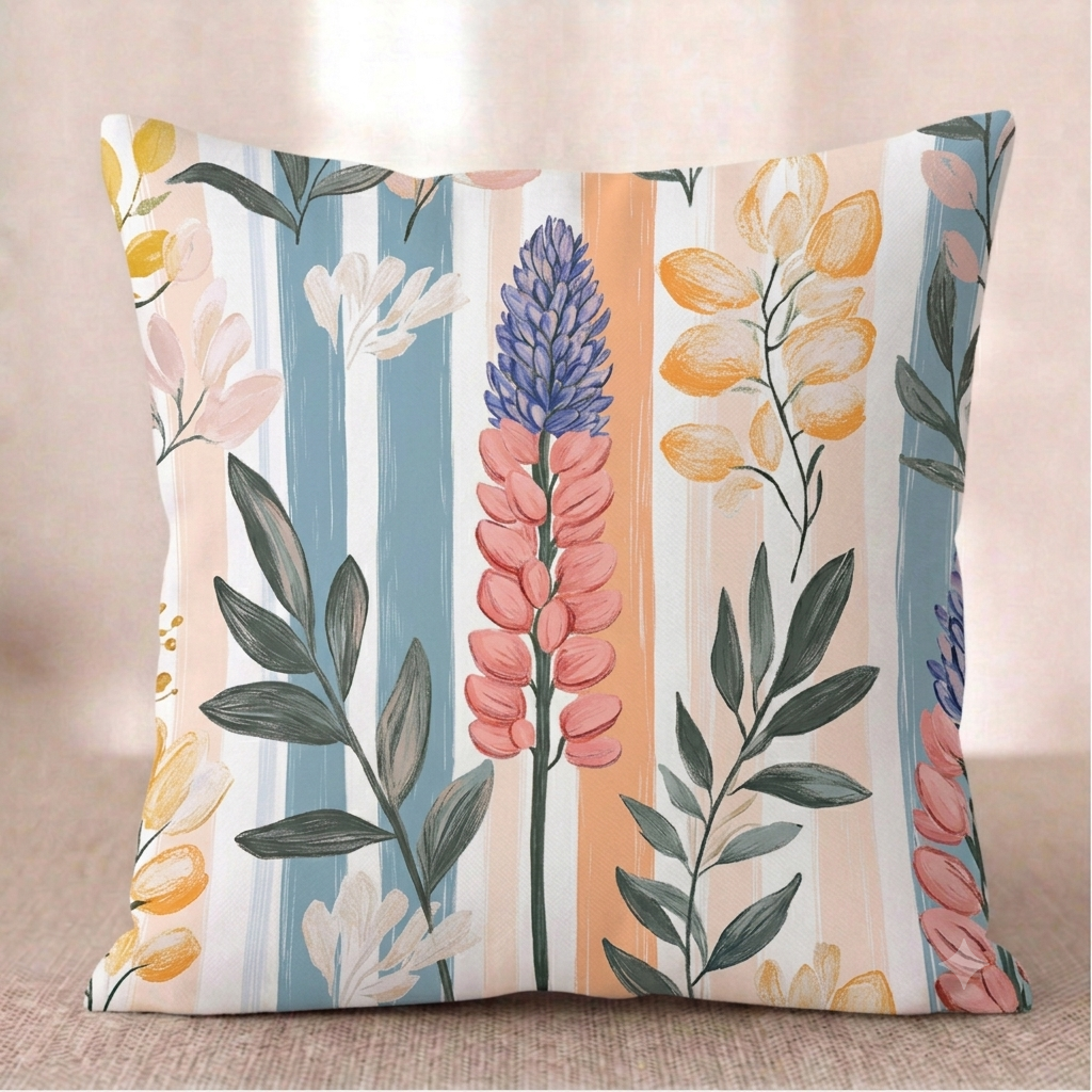 Ein quadratischer Baumwoll - Kissen-bezug mit einem floralen Lupinen-Muster vor einem hellen Hintergrund. Im Zentrum steht eine detailreiche Lupine mit rosa und blau-violetten Blüten, umgeben von Zweigen mit dunkelgrünen sowie gelb-orangefarbenen Blättern. Der Hintergrund ist mit vertikalen Aquarell-Streifen in Blau-Grau, softem Orange und Weiß gestaltet.