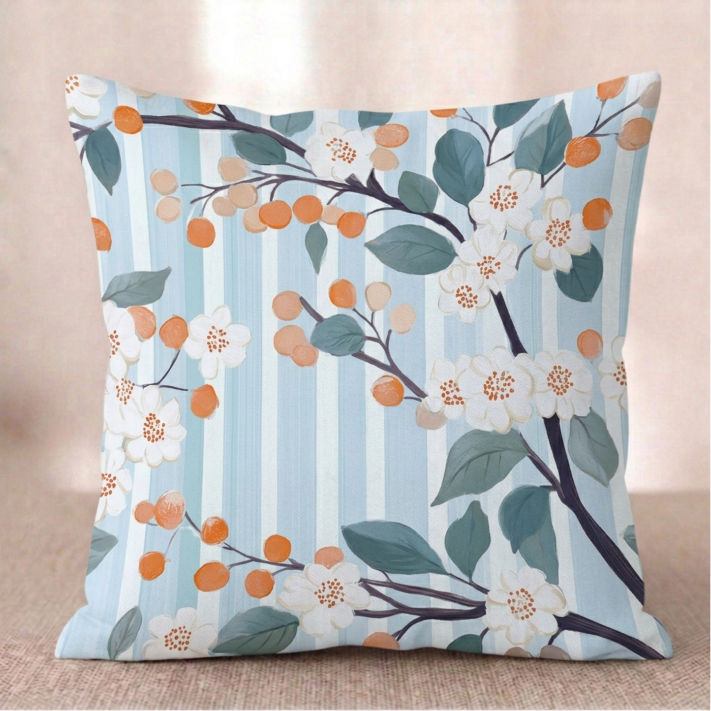 Ein quadratischer Baumwoll - Kissen-bezug mit Orangenblüten-Muster vor einem hellen Hintergrund. Das Design zeigt dunkle Zweige mit kleinen weißen Orangenblüten, graublauen Blättern und runden, orangefarbenen Früchten. Der Hintergrund besteht aus feinen, vertikalen Streifen in Hellblau und Weiß mit einer leichten Textur.