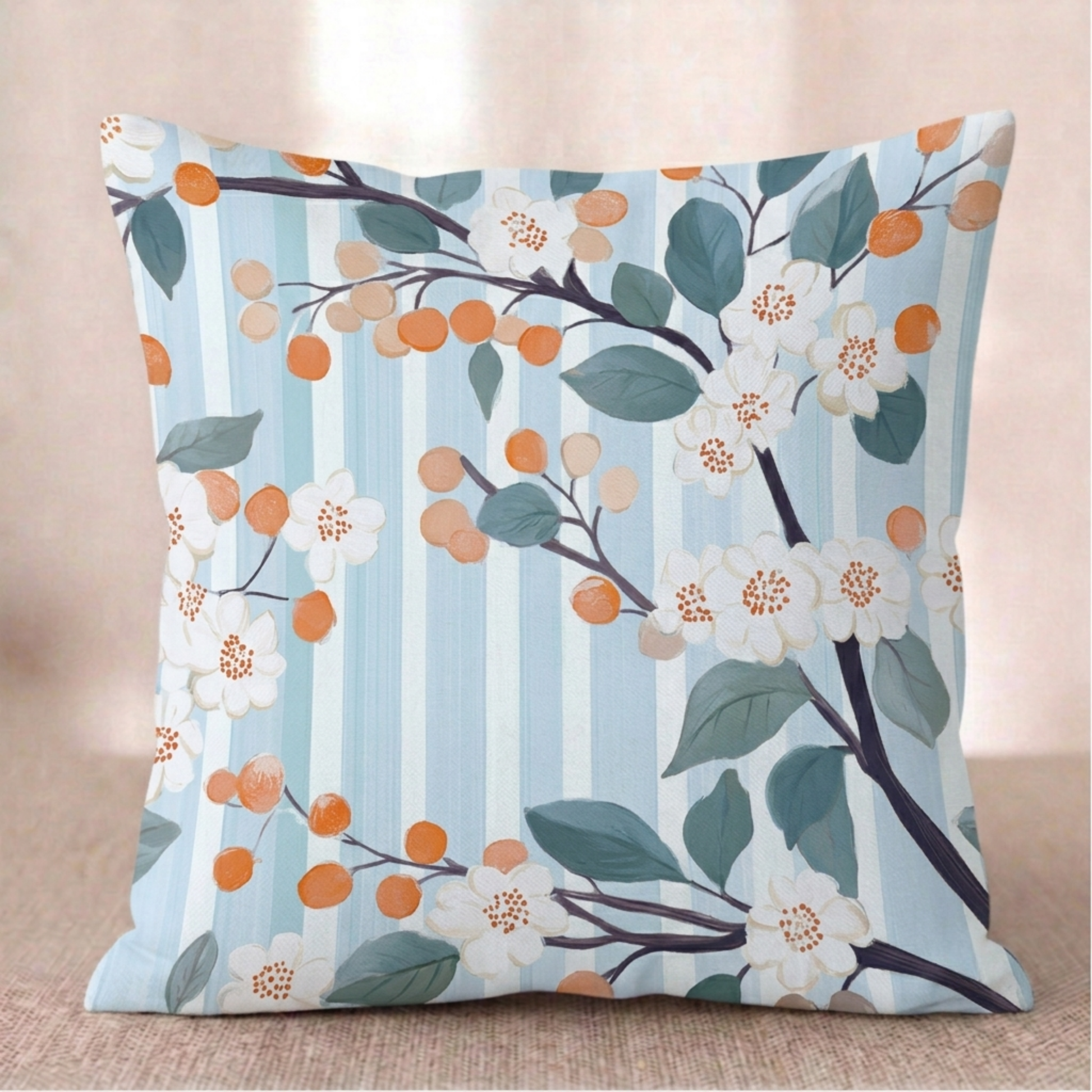 Ein quadratischer Baumwoll - Kissen-bezug mit Orangenblüten-Muster vor einem hellen Hintergrund. Das Design zeigt dunkle Zweige mit kleinen weißen Orangenblüten, graublauen Blättern und runden, orangefarbenen Früchten. Der Hintergrund besteht aus feinen, vertikalen Streifen in Hellblau und Weiß mit einer leichten Textur.