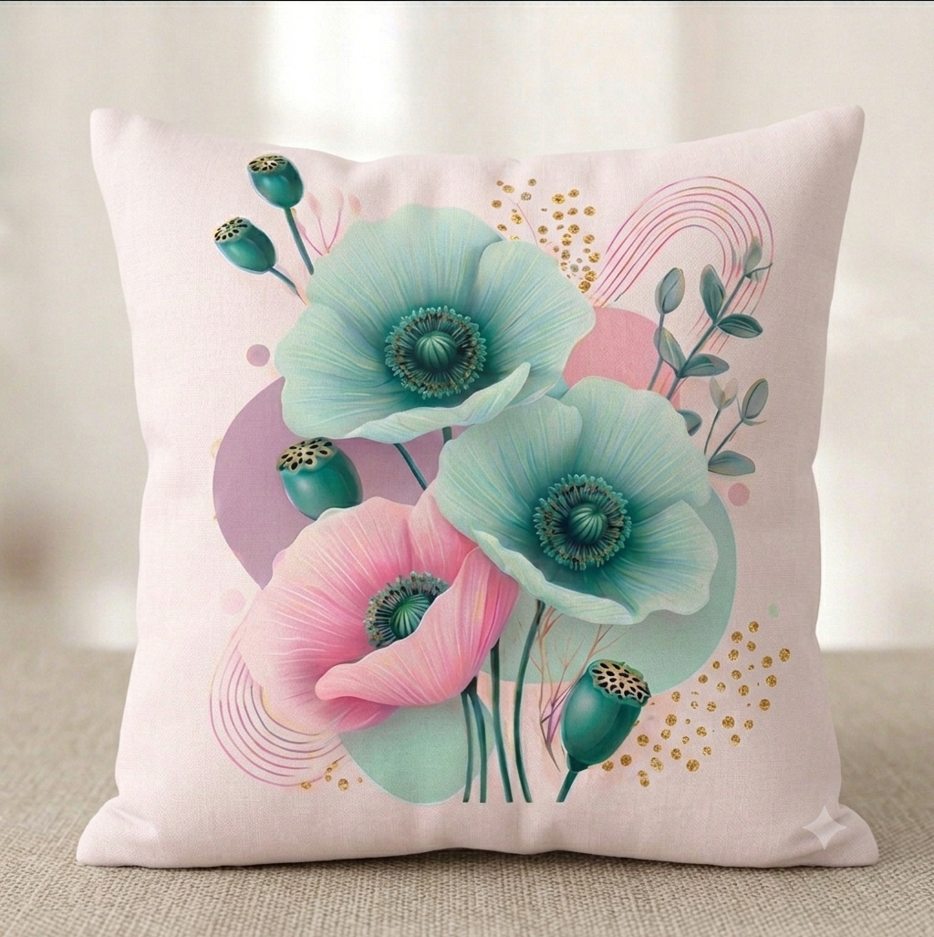 quadratischer Kissenbezug in mit modernem Mohnblumen-Design vor hellem Hintergrund. Das Motiv zeigt eine Komposition aus zwei großen türkisfarbenen und einer rosa Mohnblüte im Vordergrund, ergänzt durch grüne Kapseln, goldene Glitzerpunkte, feine rosa Linienbögen und abstrakte, sanft violette und türkise Farbflächen auf hellem Grund.