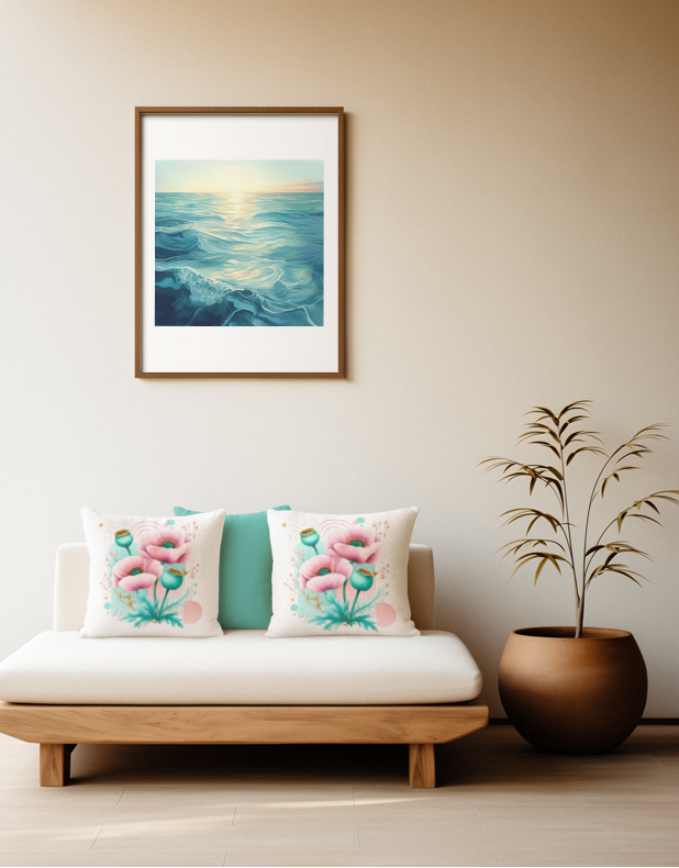 Dekorative Kissenbezüge mit kunstvollen rosa Mohnblüten und türkisen Akzenten auf hellem Grund, platziert auf einem Sofa im Japandi Stil.