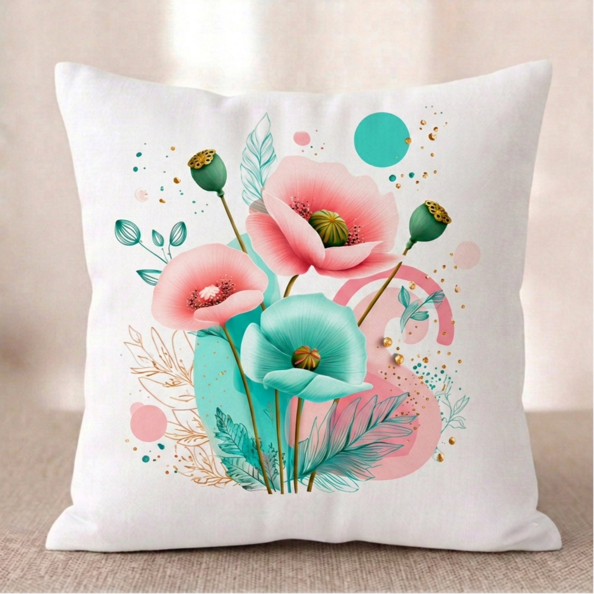 Ein quadratischer Baumwoll - Kissenbezug mit modernem Mohnblumen-Muster vor einem hellen Hintergrund. Das Design zeigt ein kunstvolles Arrangement aus rosa und türkisfarbenen Mohnblüten, grünen Kapseln, feinen goldenen Blätter-Linienzeichnungen und abstrakten Kreisen in Türkis und Rosa auf cremefarbenem Grund.