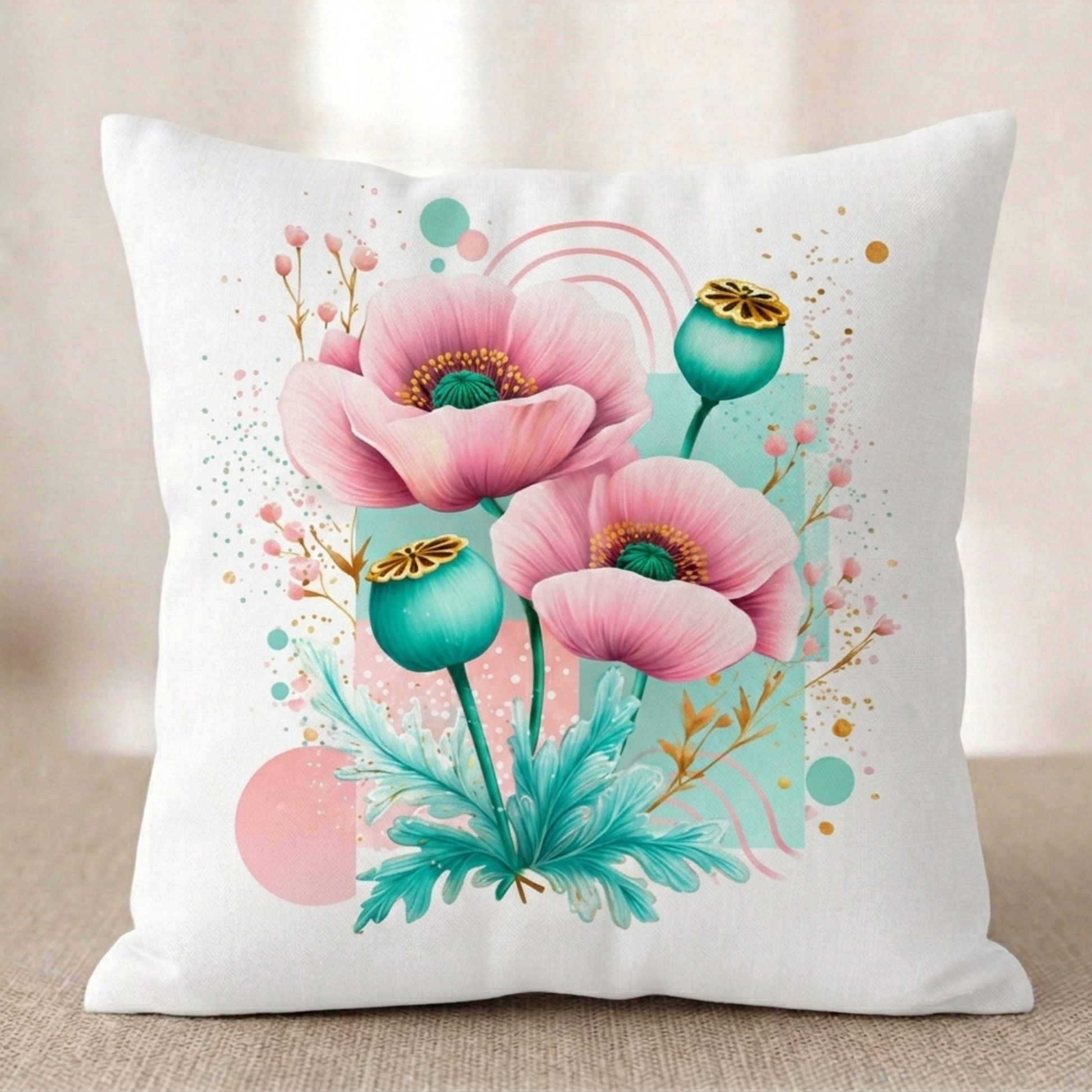 Ein quadratischer Kissenbezug mit modernem Mohnblumen-Design vor hellem Hintergrund. Das Motiv zeigt zwei große rosa Mohnblüten mit grün-goldenem Zentrum, umgeben von zwei türkisfarbenen Kapseln und zarten, kleinen rosa Knospenzweigen. Der cremefarbene Hintergrund ist mit abstrakten türkisen und rosa Quadraten, feinen Linienbögen und goldenen Farbspritzern gestaltet.