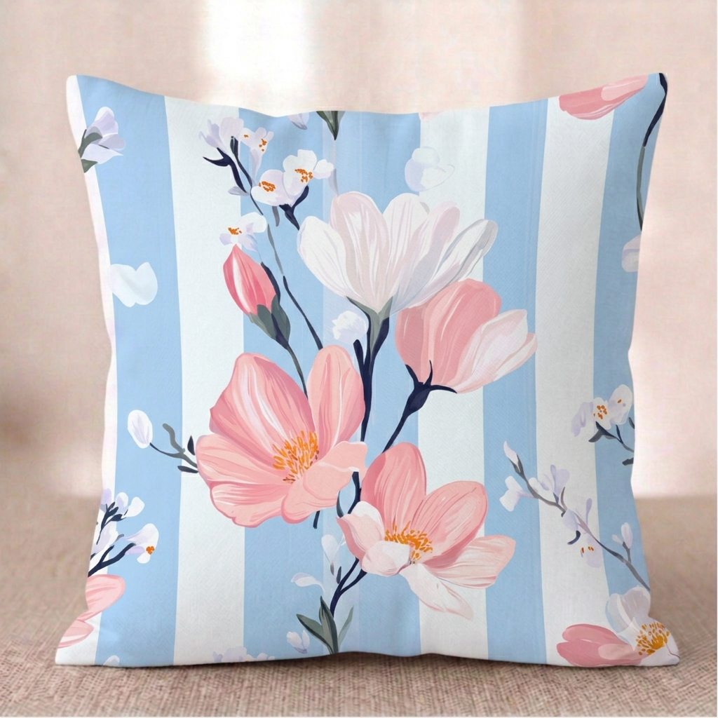 Ein quadratischer Baumwoll - Kissen-bezug mit Magnolien-Muster vor einem hellen Hintergrund. Das Design zeigt Zweige mit großen rosa und weißen Magnolienblüten sowie kleine, zarte weiße Blütenknospen. Der Hintergrund besteht aus breiten, vertikalen Streifen in Hellblau mit einer feinen Holz- oder Aquarelltextur und Weiß.
