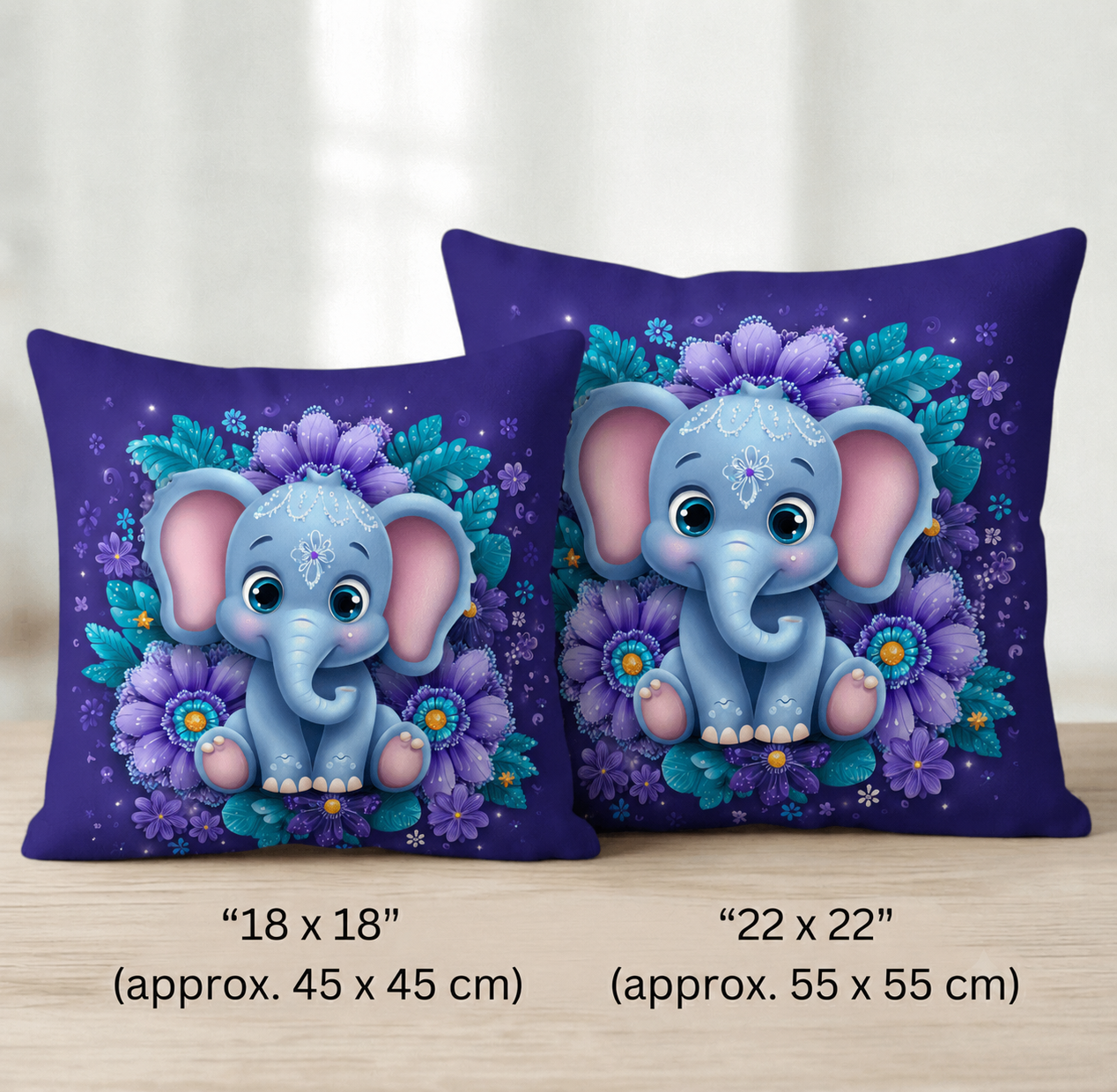 Kuschelkissen Nelli für Kinder mit blauem Elefanten und violetten Blumen