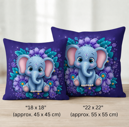 Kuschelkissen Nelli für Kinder mit blauem Elefanten und violetten Blumen