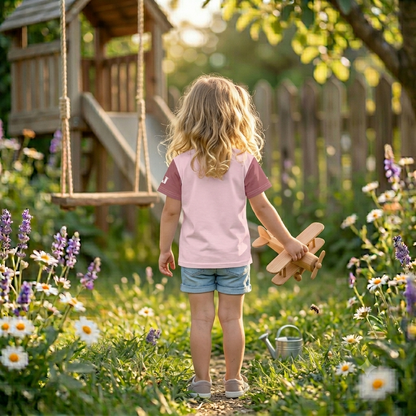 Altrosafarbenes Kinder T-Shirt mit dunkelrosa Ärmeln bedruckt mit Känguru-Mädchen Jule mit grünen Augen und Herz-Halskette auf einer Blumenwiese.