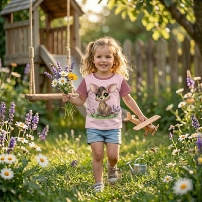 Altrosafarbenes Kinder T-Shirt mit dunkelrosa Ärmeln bedruckt mit Känguru-Mädchen Jule mit grünen Augen und Herz-Halskette auf einer Blumenwiese.