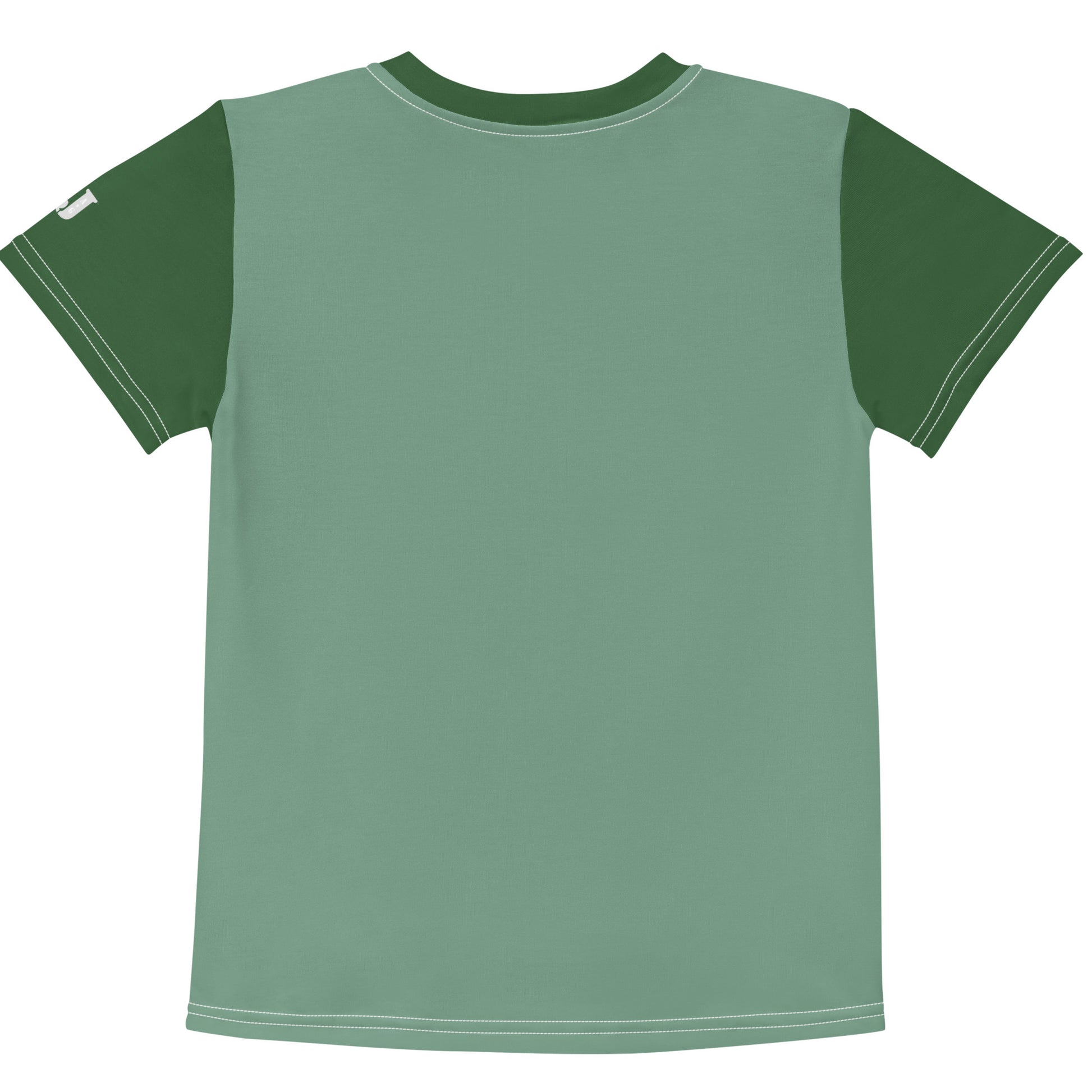Grünes Kinder T-Shirt bedruckt mit Papagei Lori mit bunten Federn und Herz-Halskette auf einer Blumenwiese.