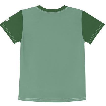 Grünes Kinder T-Shirt bedruckt mit Papagei Lori mit bunten Federn und Herz-Halskette auf einer Blumenwiese.
