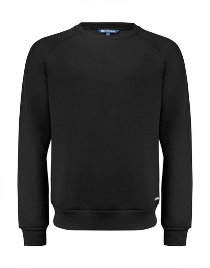 Herren Crew Neck Pullover in der Farbe schwarz mit klassischem Rundhalsausschnitt, langen Ärmeln und gerippten Bündchen an Ärmeln, Ausschnitt und Saum.
