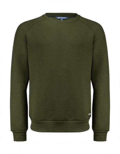 Herren Crew Neck Pullover in der Farbe Ivy Green mit klassischem Rundhalsausschnitt, langen Ärmeln und gerippten Bündchen an Ärmeln, Ausschnitt und Saum.
