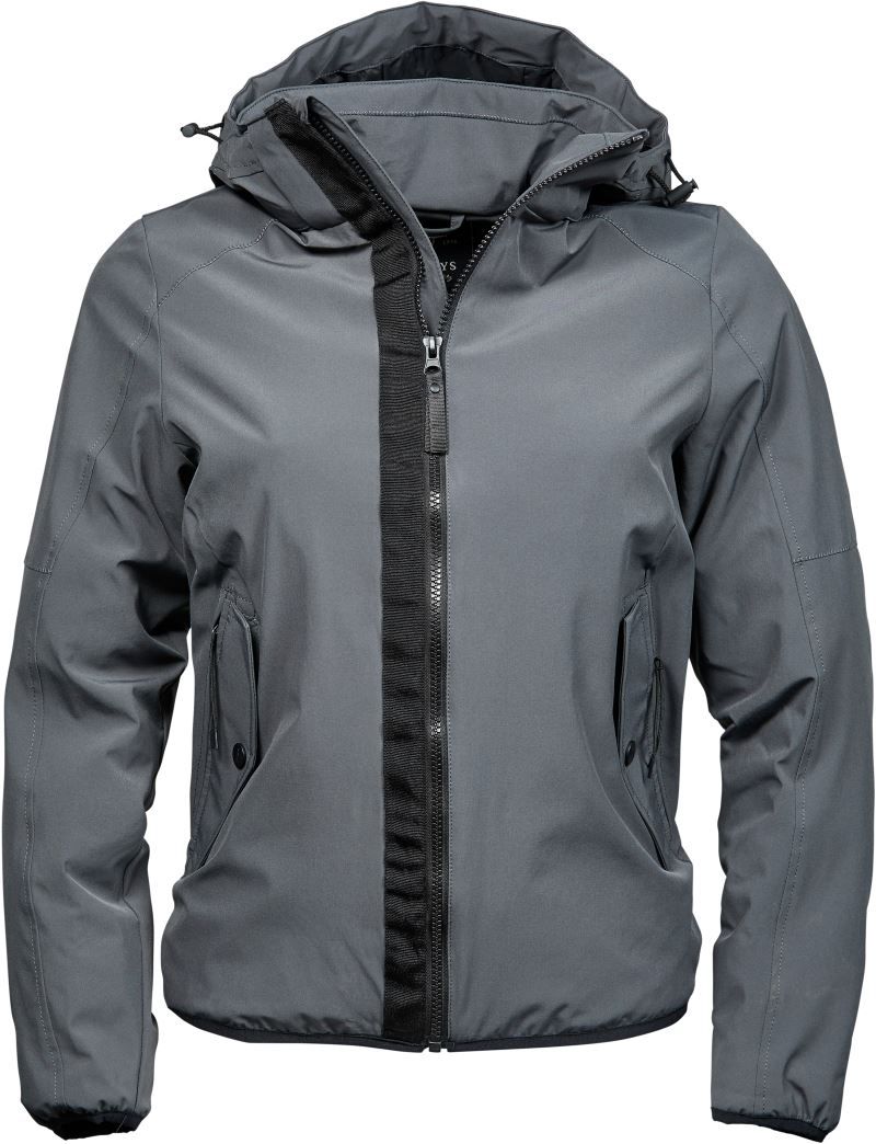 Damen Adventure Jacke in Space Grau mit glatter Oberfläche und leicht taillierter Passform. Mit Kapuze, hochschließendem Kragen, Frontreißverschluss und seitlichen Eingriff Taschen.