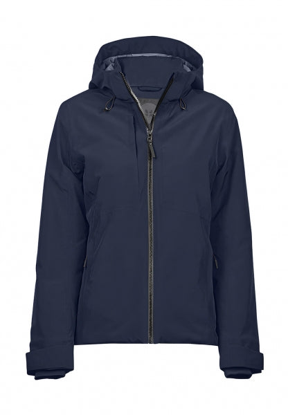 Damen All Weather Winter Jacke mit Kapuze  in  dunkelblau mit geradem, längerem Schnitt bis über die Hüfte. Schlichtes Design mit hochstehendem Kragen, verdecktem Frontreißverschluss und zwei seitlichen Reißverschlusstaschen