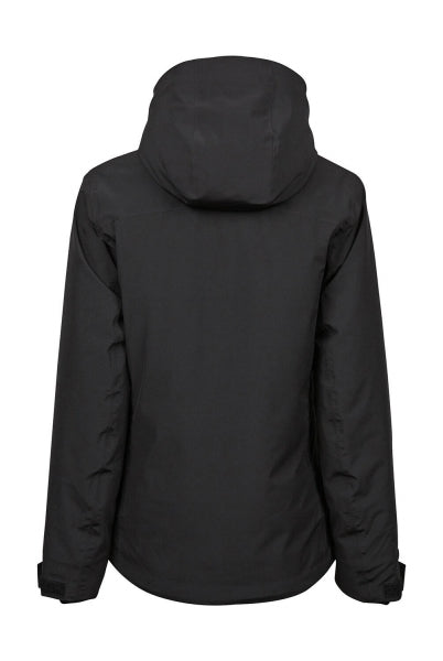 Damen All Weather Winter Jacke mit Kapuze  in  schwarz mit geradem, längerem Schnitt bis über die Hüfte. Schlichtes Design mit hochstehendem Kragen, verdecktem Frontreißverschluss und zwei seitlichen Reißverschlusstaschen